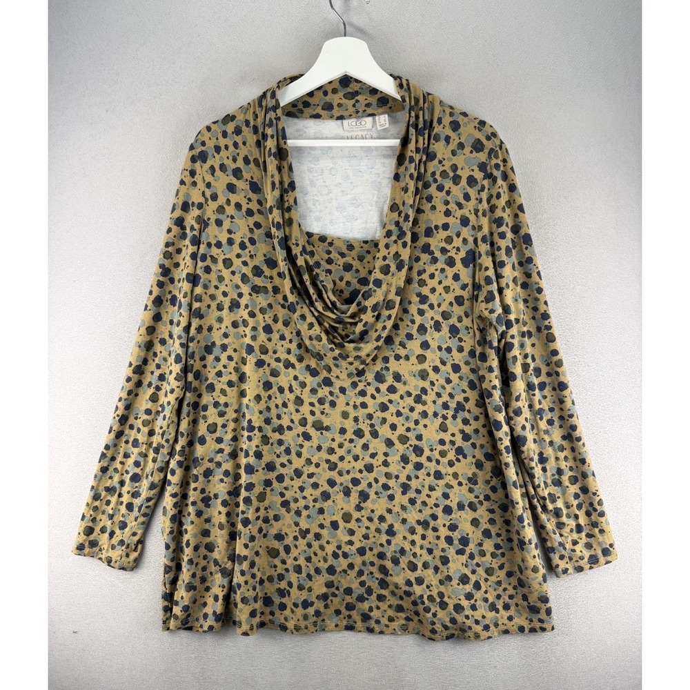 LOGO by Lori Goldstein Women's Sz L Animal Prints Cowl Neck Stretch Pockets Top